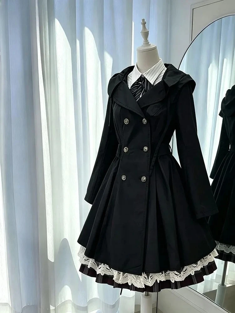 Autumn Winter Japanese Gothic French Elegant Thicken Women Hooded Double-breasted Coat Thicken Sweet Korean Cosplay Windbreakers