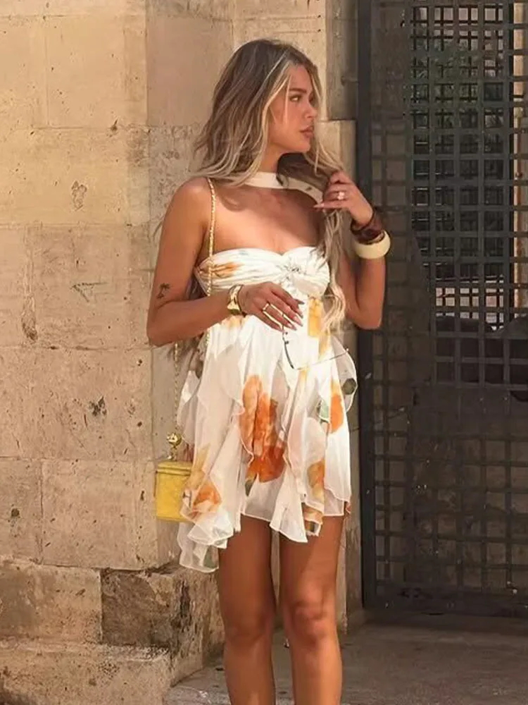 

HH Women's Summer Seaside Vacation Chiffon Flower Print Ruffle Dress Female Irregular Hem Backless Halter Sleeveless Dress