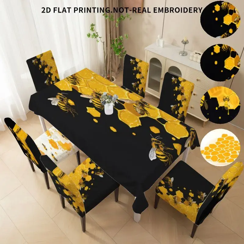 Elastic dining chair cover bow chair cover tablecloth, spring and summer bee hive 2D flat pattern
