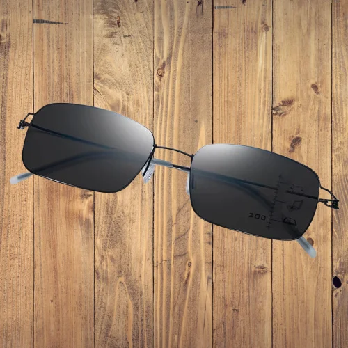 Titanium Alloy No Screws Rectangle Handcrafted Photochromic Progressive Reading Sunglasses +0.75 To +4 See Near and Far