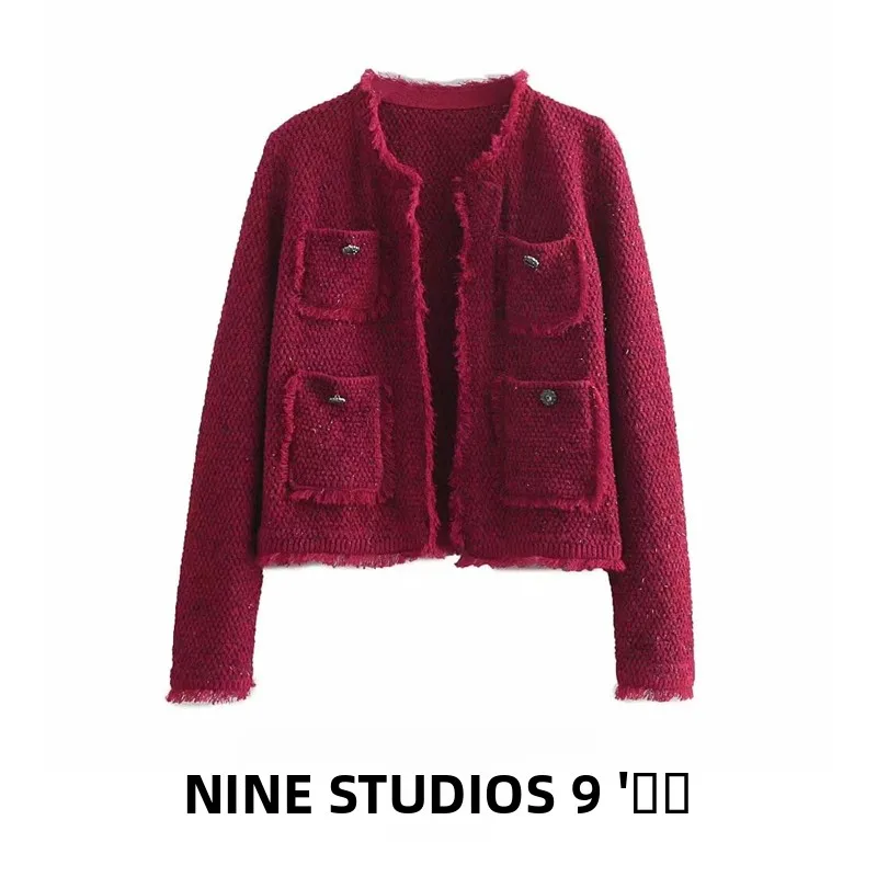 

NINE ZAR Women's ort Quilted Cardigan Soft Woolen Cheered Small Fraance Sle Outerwear Long Sve Button up Coat