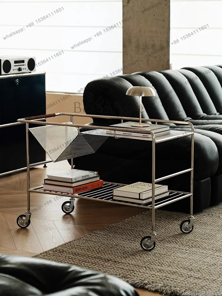 YJ  Nordic Retro Side Table with Wheels Mobile Sofa Caddy Stainless Steel Rolling Cart Stylish Living Room Storage & Coffee Tab