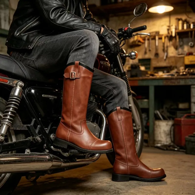 Knee-high Long Tube Knight Boots Women's Zipper Leather Boots Spring Autumn New Style  Round Toe Rubber PU Upper Plus size 38-50
