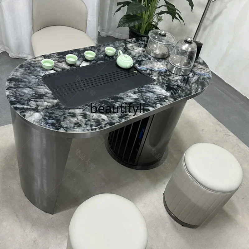 

L B6 Light Luxury Natural Tea Table Modern Minimalist Stone Plate Household Stainless Steel Tea Table