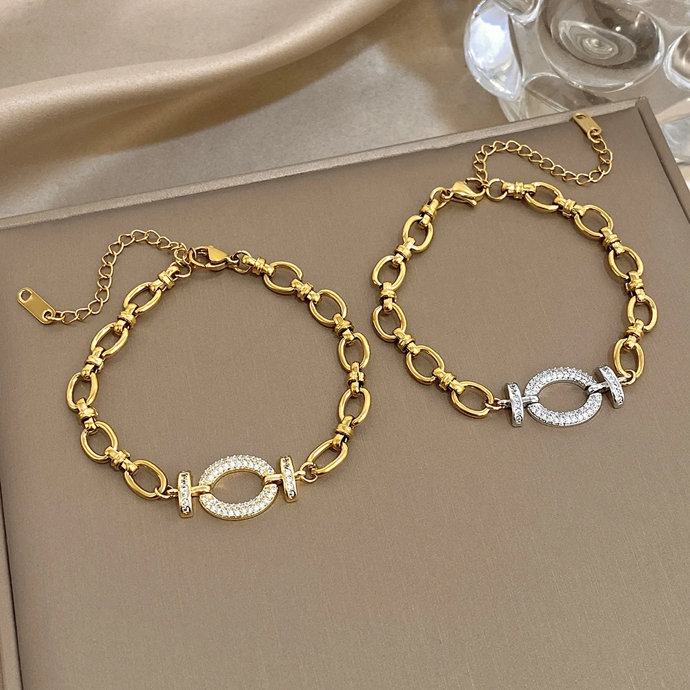 Greatera Oval Rhinestone Inlaid Chain Spliced Bracelets For Women Personality Two Tone Stainless Steel Hollow Out Bangles 2025
