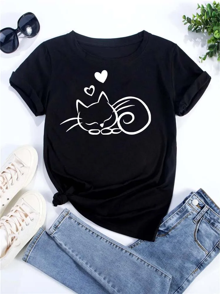 New Cute Love Heart Cat Print Women T-Shirt Casual Short Sleeve Top Summer Odzież damska Cartoon Streetwear Y2k Clothes