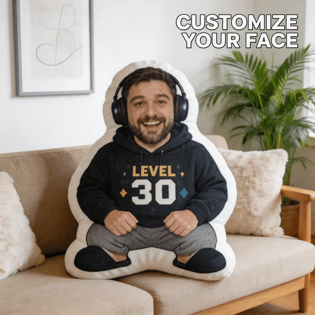 Custom Face Shaped Pillow, Personalized Photo Decorative Cushion with Level 30 Gamer Style, 60CM Accent Pillow for Sofa And Bedr