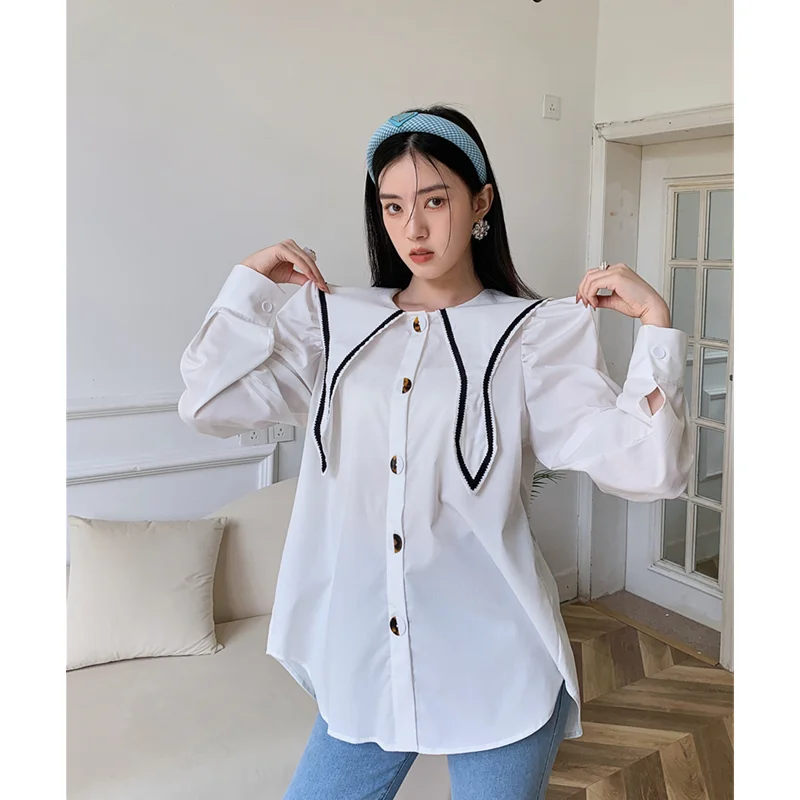 

Spring Women's Clothing White Blouse French Simplicity Polo Collarr Long Sleeves Baggy Tops Broken Flowers Vest Vintage Design