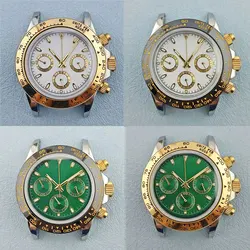 39.5mm VK63 watch case 316L stainless steel sapphire glass 10bar waterproof fit VK63 Movement Panda dial Gold Crown