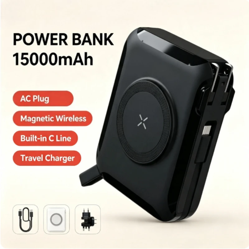 15000Mah Multifunctional Magnetic Wireless Power Bank 65W Fast Charging AC Wall Plug-in 5-in-1 Mobile Power Supply
