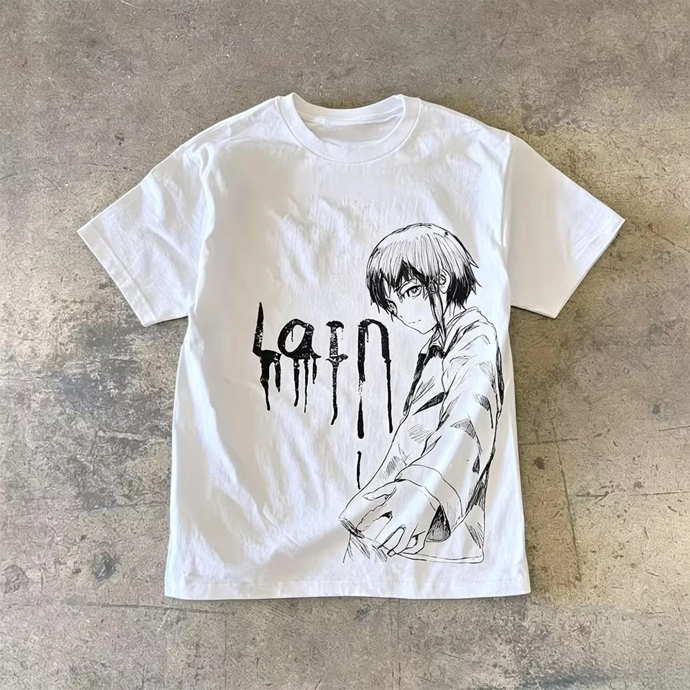 Unisex Autumn Cotton Short Sleeve Street Trend Fashion T-Shirt, Serial Experiments Lain Graphic Print T-Shirt