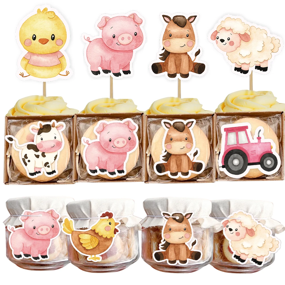 Farm Animal Paper Hanging Tags Carton Stickers for Kids Farm Themed Happy Birthday Party Decoration DIY Gifts Wrapping Supplies
