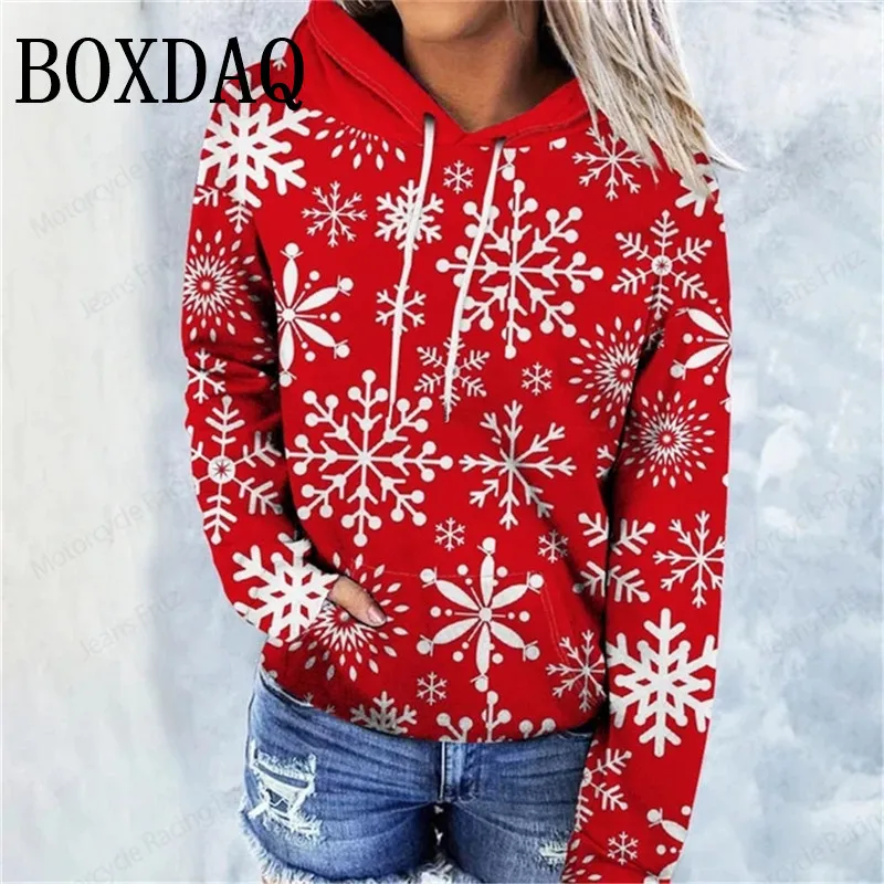 Santa Claus Sweatshirt Christmas 3D Print Hoodies Women Fashion Hooded Women Winter Casual Pocket X-mas Snowflake Loose Top 2025