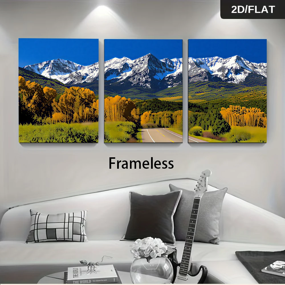 1 set of triptych frameless decorative paintings with magnificent snow mountains and autumn forests as the theme 2D plan
