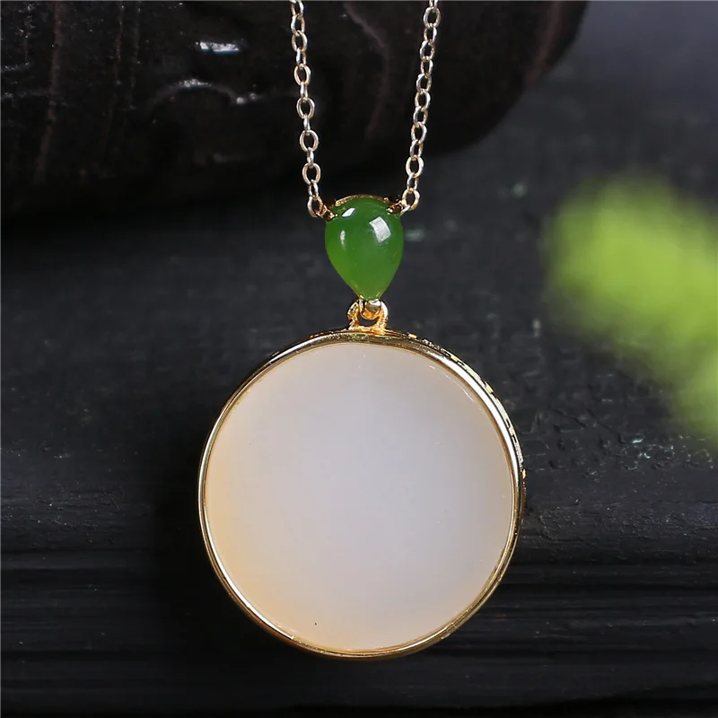 Natural Hetian white jade Round Pendant Necklace Chinese style retro palace  light luxury unique women's Christmas gift