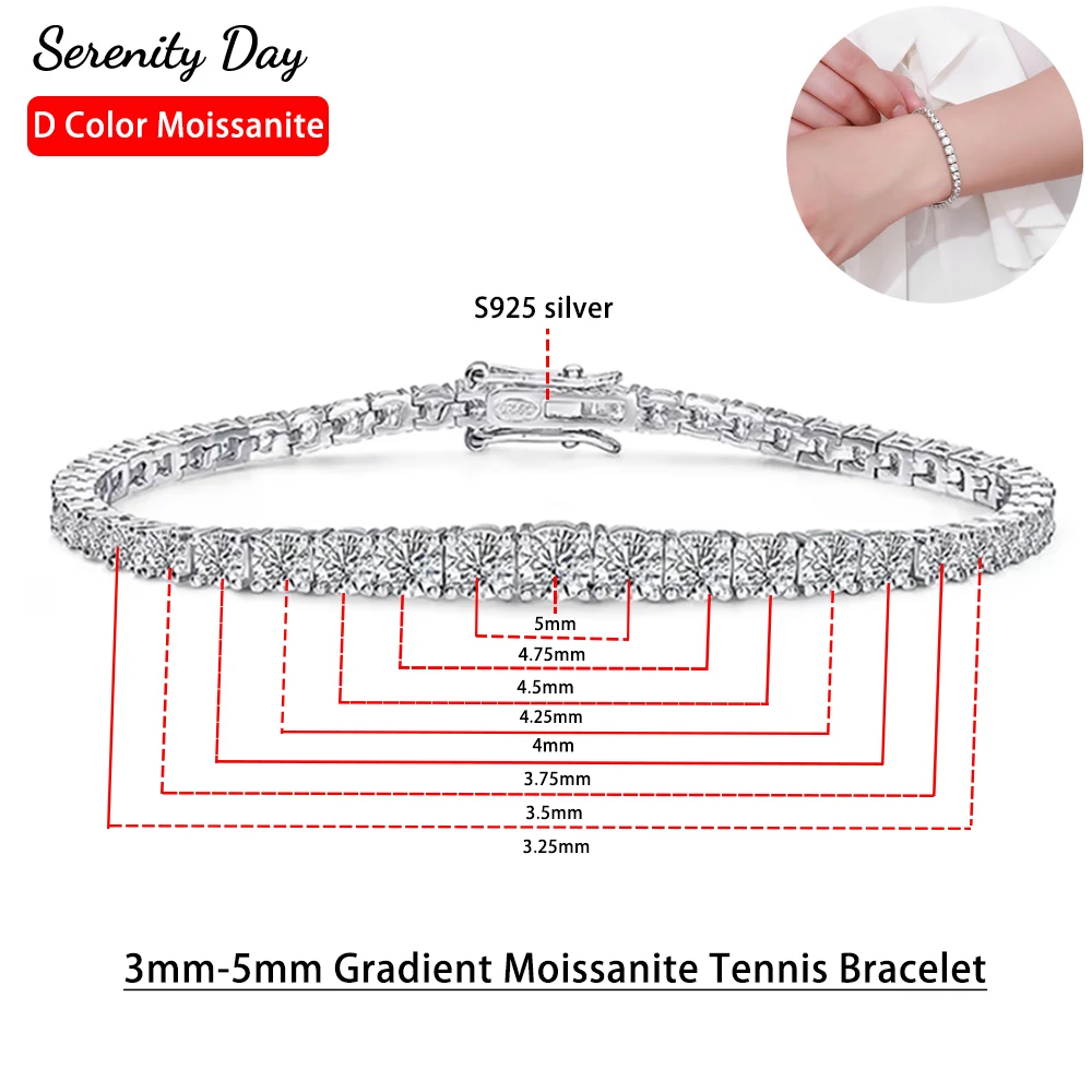 Serenity 3-5mm Graduated Size D Color Moissanite Tennis Bracelet For Women Man S925 Silver Bracelet Hand Chain Anniversary Gift