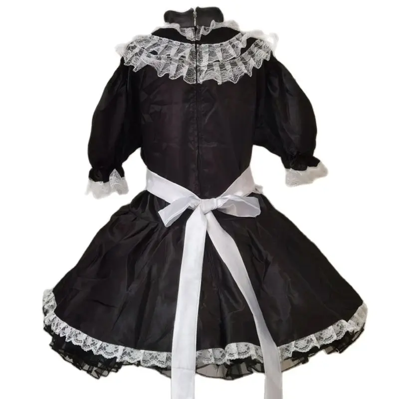 Adult Giant Baby Sexy Girl Black Satin Thin Short Sleeved Dress Sissy White Apron Japanese Uniform Maid Role-playing Lockable