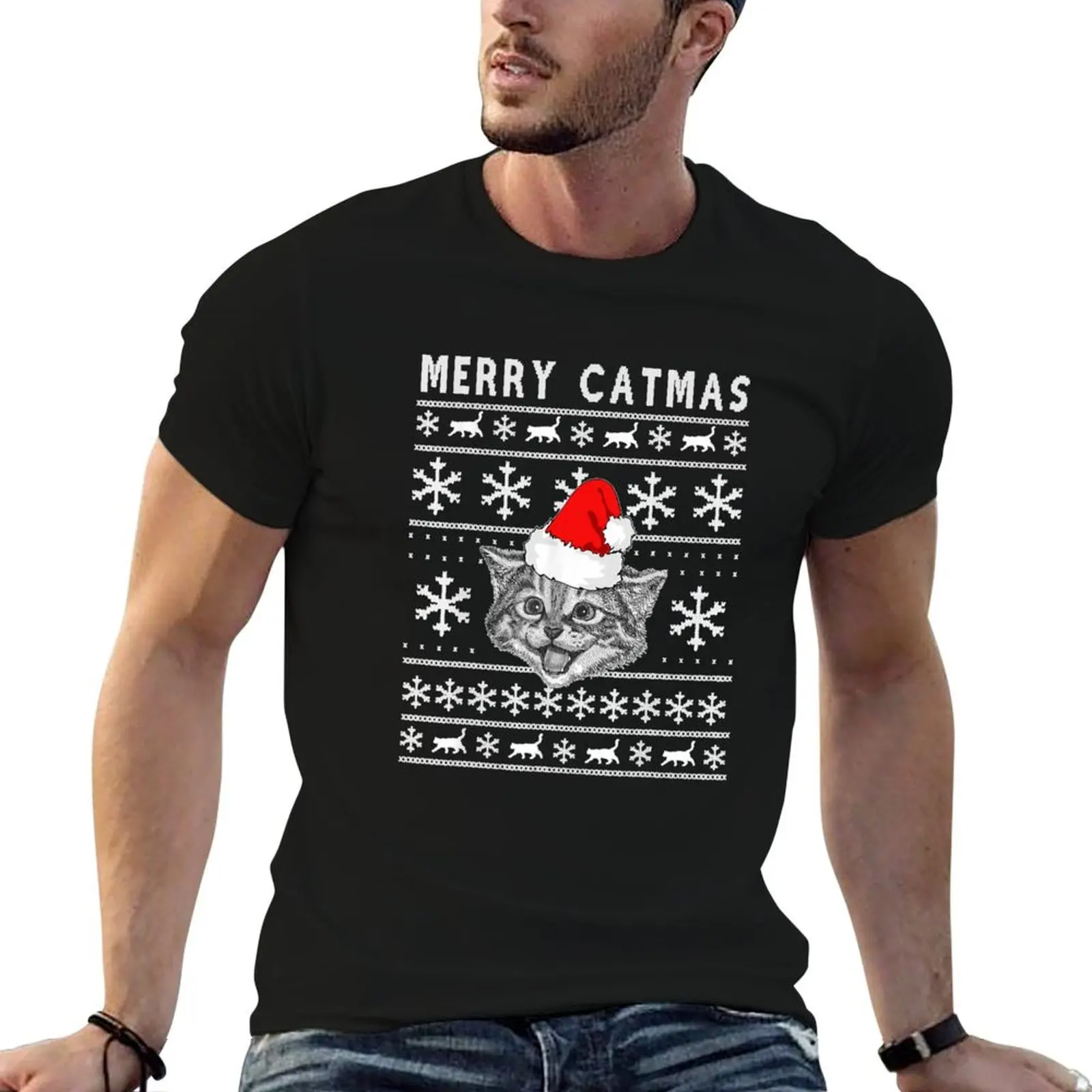 

t shirts man graphic t Sweater Catmas Ugly for Cat casual Kitten Hat T-Shirt Christmas men shirt Santa man Merry