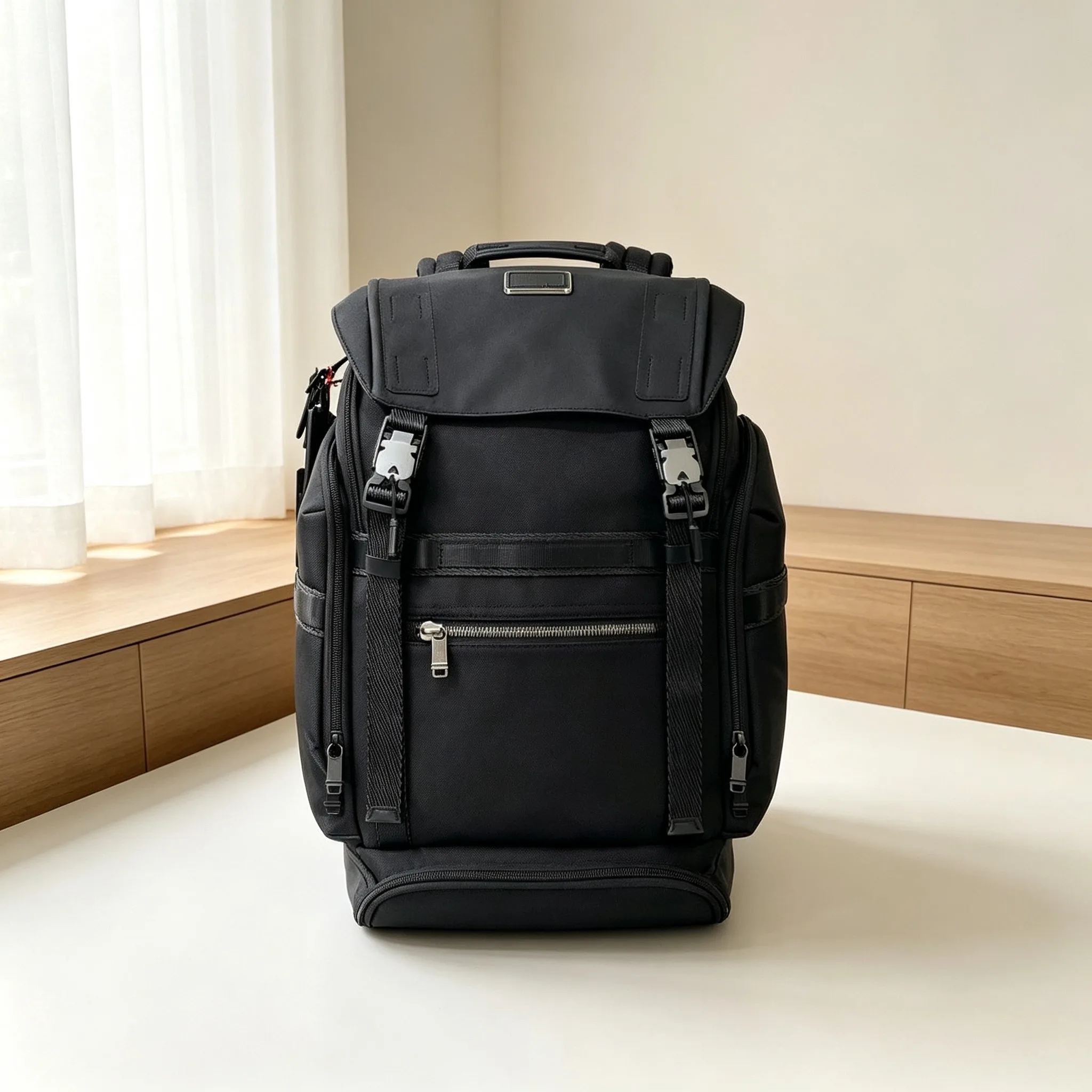Men's Classic Fashion Black Nylon Rucksack, Multi-Function Business Commute Backpack