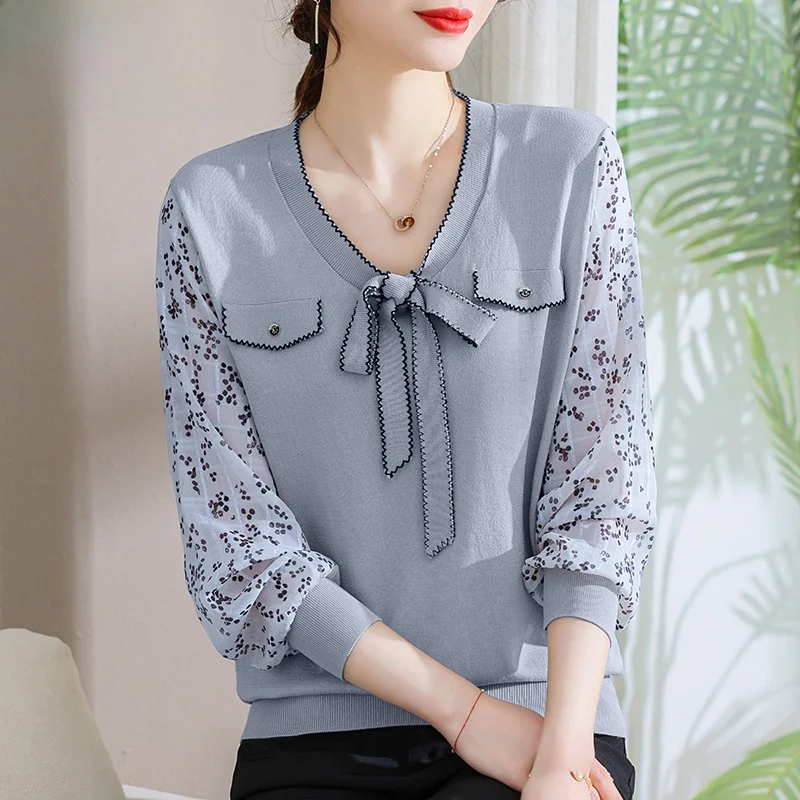 

Faionable Spring Autumn Chiffon Sve Base irt for Middle-Aged Mothers Ele Lady Sle Loose Fit V-Ne Polyester Blend