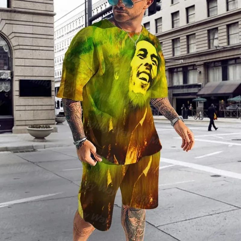 2025 Men's Clothing 3D Printed Short Sleeved Shorts Two-piece Set Casual Fashion Short Sleeved Set Polyester Fiber Round Neck