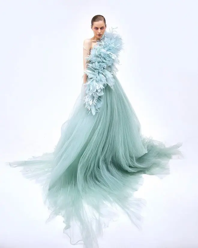 Fairy Moon Blue Tulle Party Dresses Feather vestido de noche Butterfly Prom Gowns One Shoulder Long Lush Formal Evening Gown