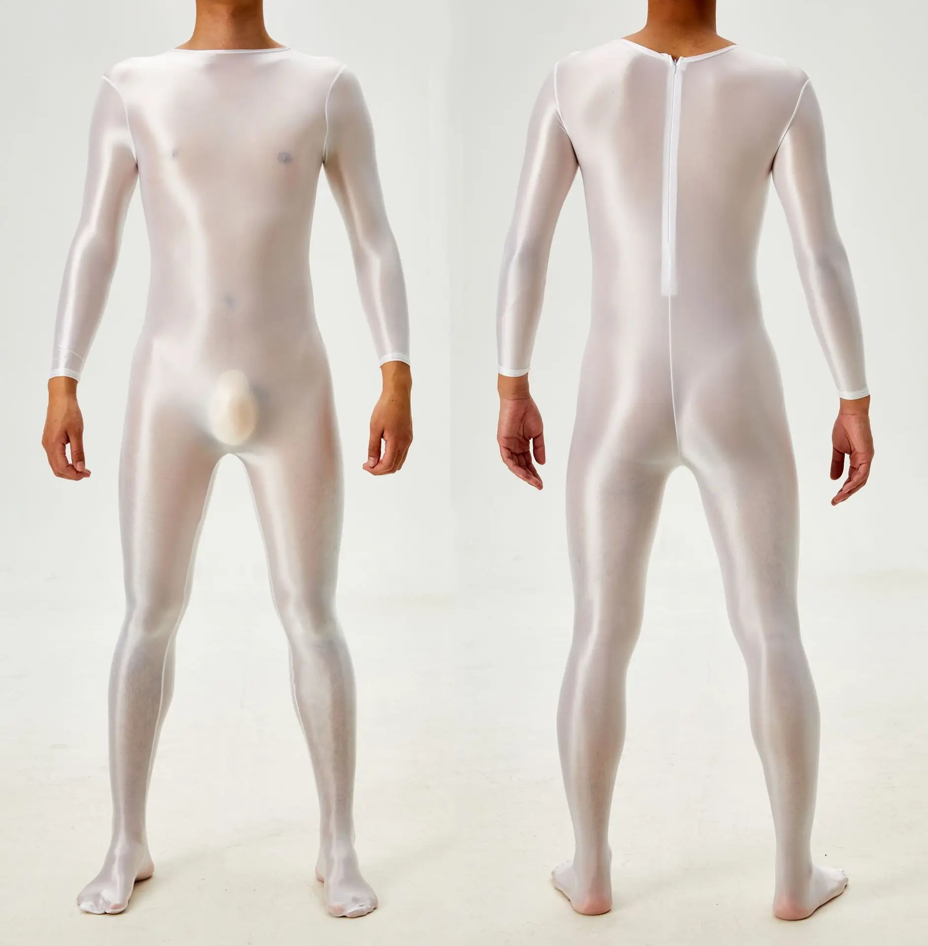 Glossy Sexy Transparent Mens Jumpsuit Zentai Suit Lingerie Long Sleeve Tights Fitness Bodysuit Costume