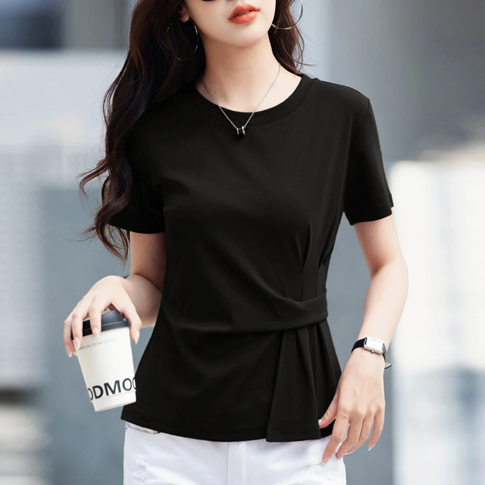 Women's Summer New Cotton Irregular Top Short Sleeved Round Neck Casual Women's Short Sleeved Top T-Shirt