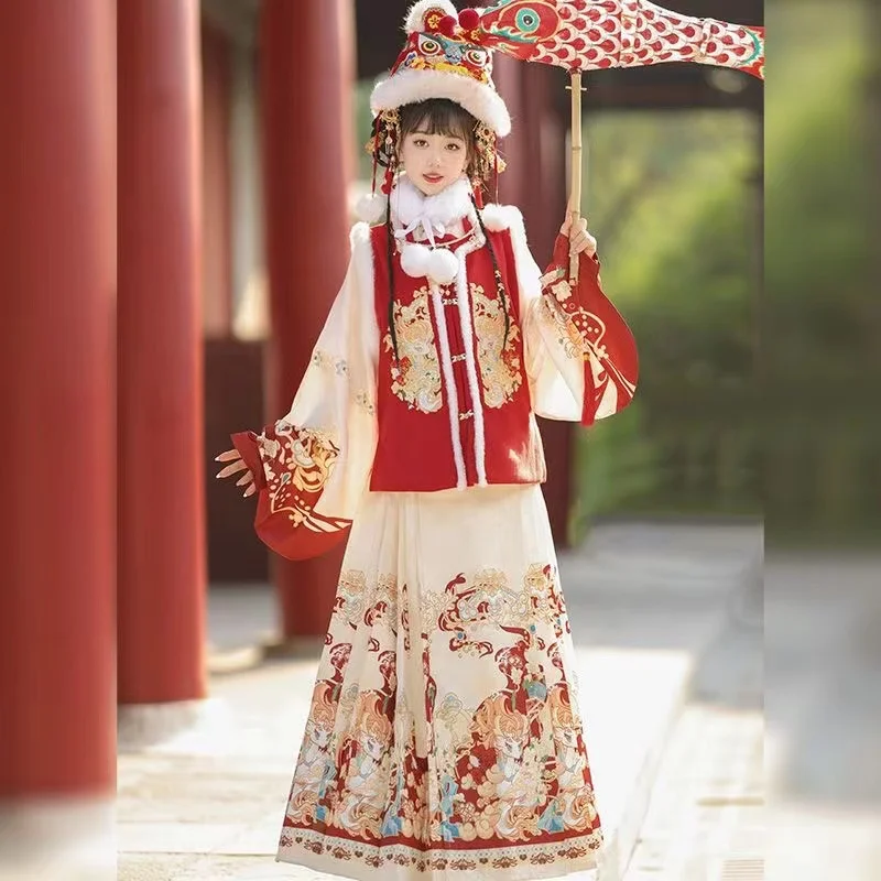 Original Women's Embroidery Hanfu Ming Dynasty Winter Thicken Velvet Horse Face Skirt Traditional Chinese New Year Costume