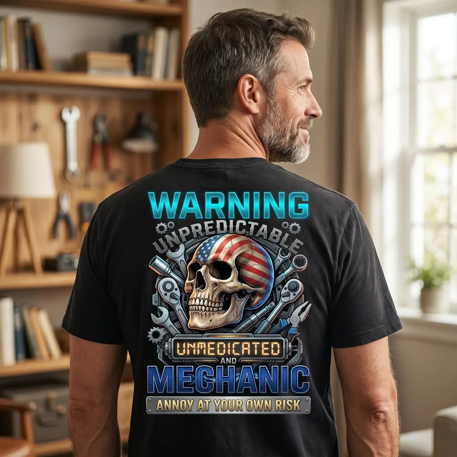 Funny Mechanic T Shirt Warning Unpredictable Unmedicated American Flag Skull Garage Work for Auto Mechanics vintage Washed