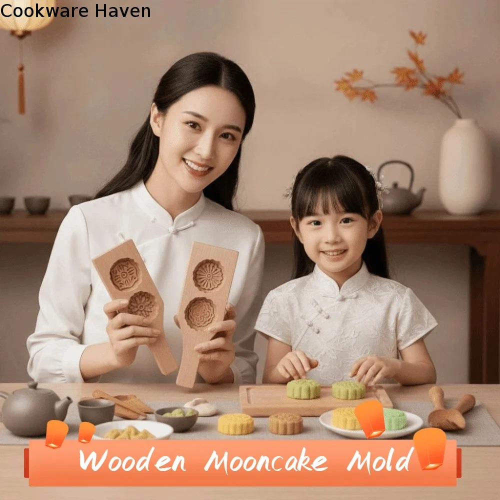 Natural Wood Wooden Mooncake Mold Double Slot Durable Craft Pastry Press Mould Hand Carved Style Eco-Friendly