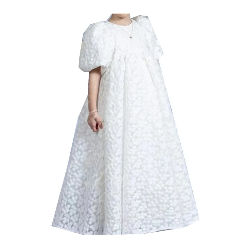 

Puff Sleeve Flower Girl Dress Cutouts Long Simple Elegant Princess Dress Wedding Birthday Party First Communion Gown