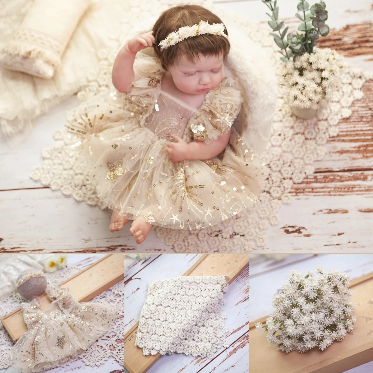 Newborn Baby Girls Photography Props Lace Stars Blingbling Dress with Headband 2pcs Backdrop Studio Photoshoot Photo Props