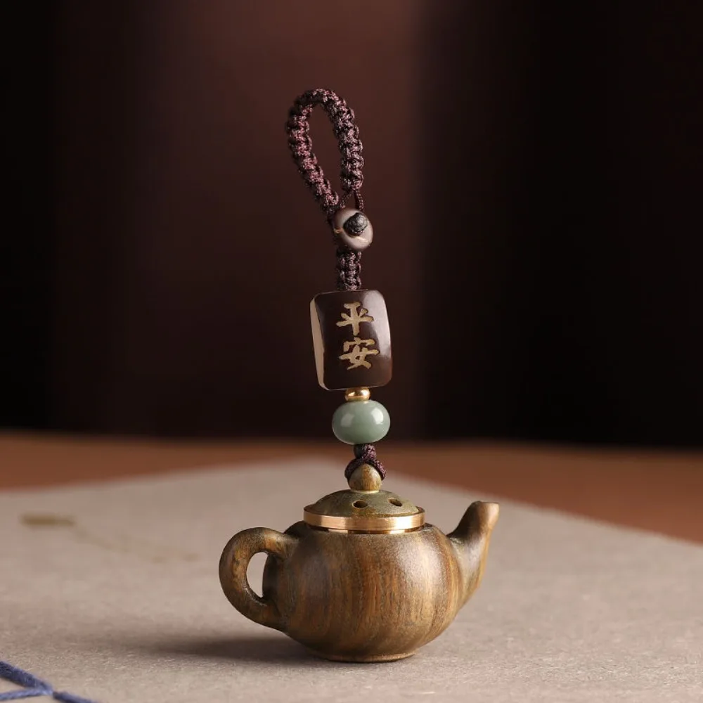 Statue Mini Little Teapot Keychain Ornament Waterproof Carved Teapot Pendant Beads Openable Green Sandalwood Phone Chain Car Key