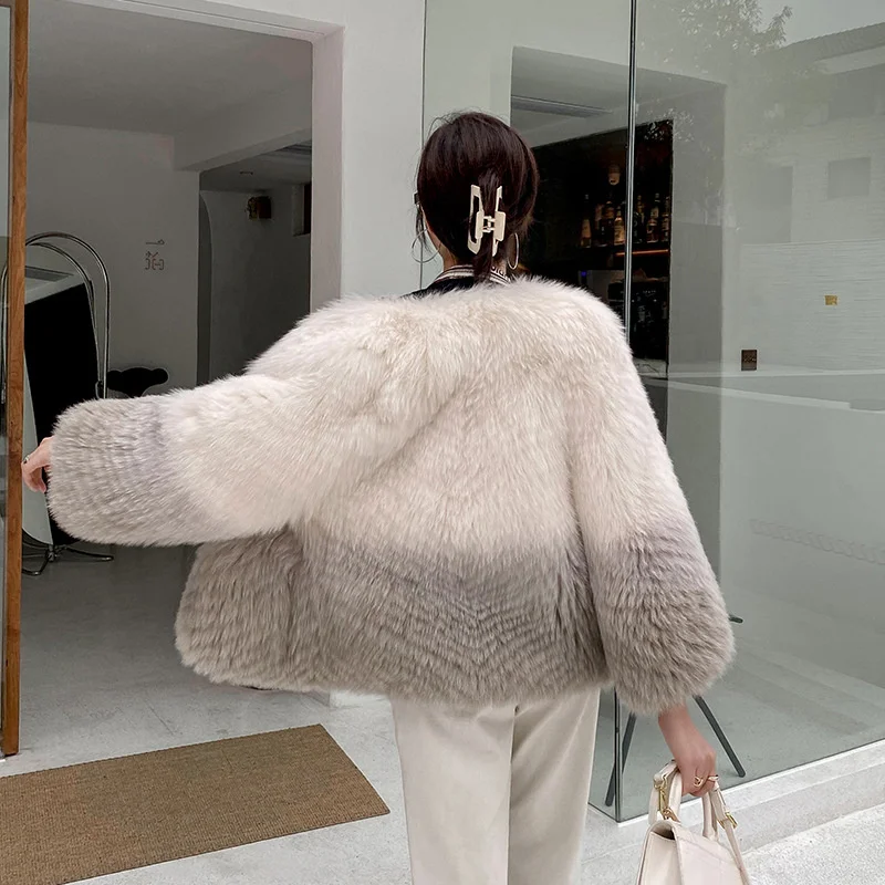 2023 Gradual Color Fox Fur Coat Women's Winter New Korean Sweet Short Round Neck Loose Full Pelt High Quality Real Fur Jackets