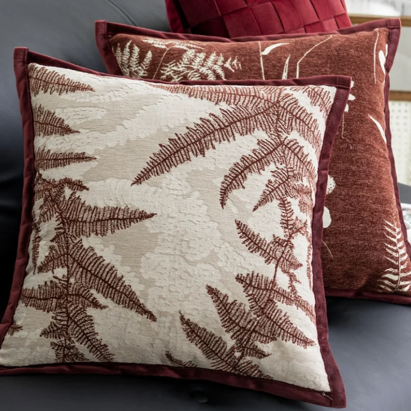 Burgundy Color Pillows Country Style Leaf Cushion Case Luxury Square Retro Decorative Pillow Cover For Sofa Chair Home Decoratio