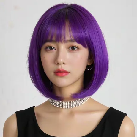 Peruca bob estilo anime de 12 polegadas, peruca de cabelo sintético curto feminino, cabelo liso resistente ao calor com tampa de rede com fivela ajustável