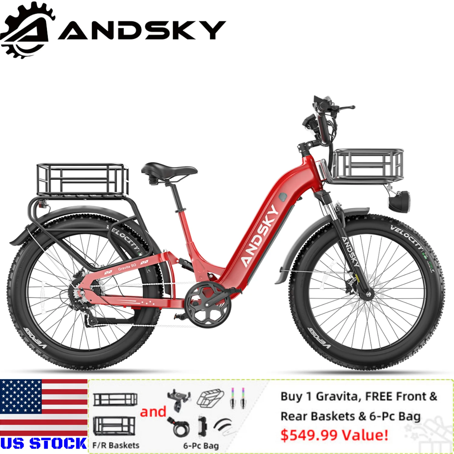 ANDSKY Gravita LS City Commuter Electric Bicycle 80Miles Long Range 48V 20AH Removable Battery 32MPH 1300W Motor 90Nm Powerful Torque Electric Bike for Adults E-bike with 6-Piece Kit
