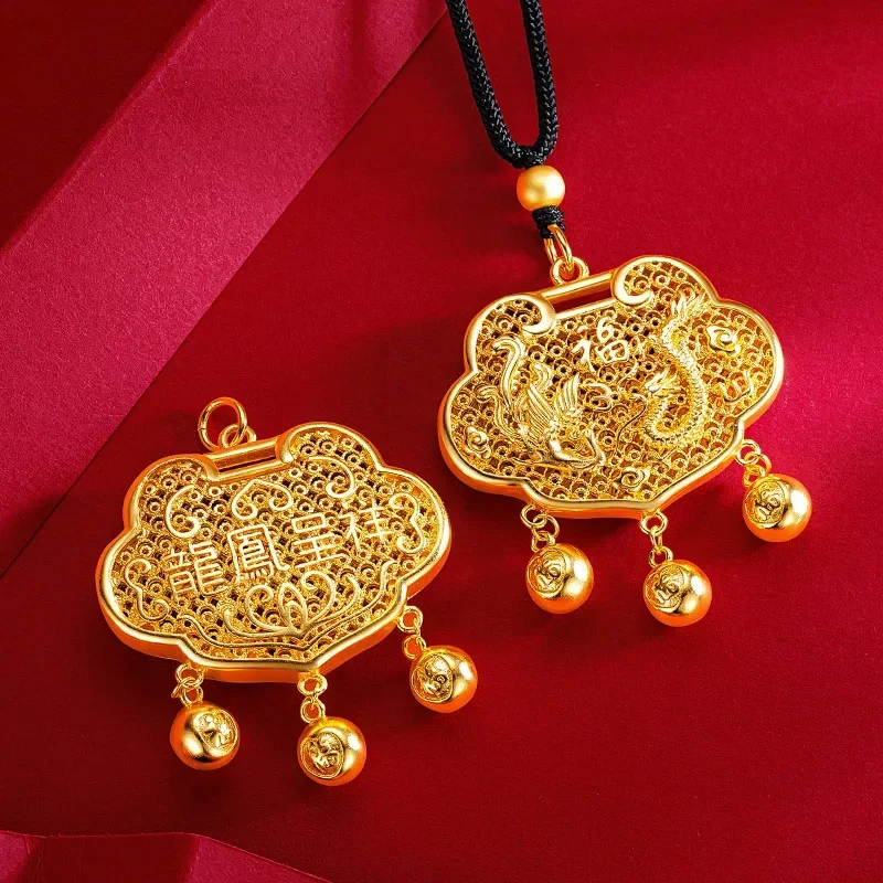 9999 Real Gold 24K Retro Ethnic Style Men's and Women's Flower Silk Hollow Long Life Lock Pendant Necklace