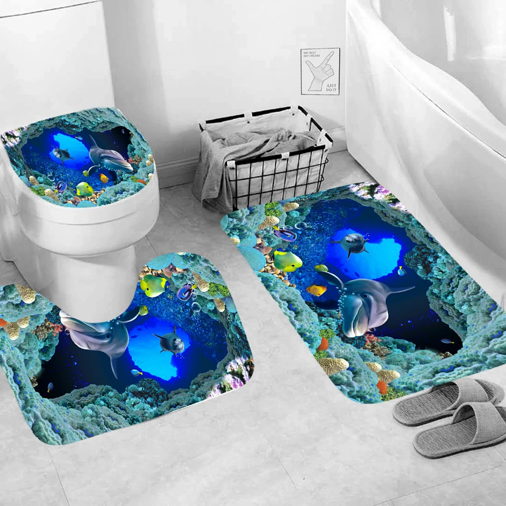 3pcs Dolphin Sea World Shower Bathroom Mat Non Slip Mug Carpet Modern Animals Toilet Seat Lip Cover Bath Home Decor Accessories