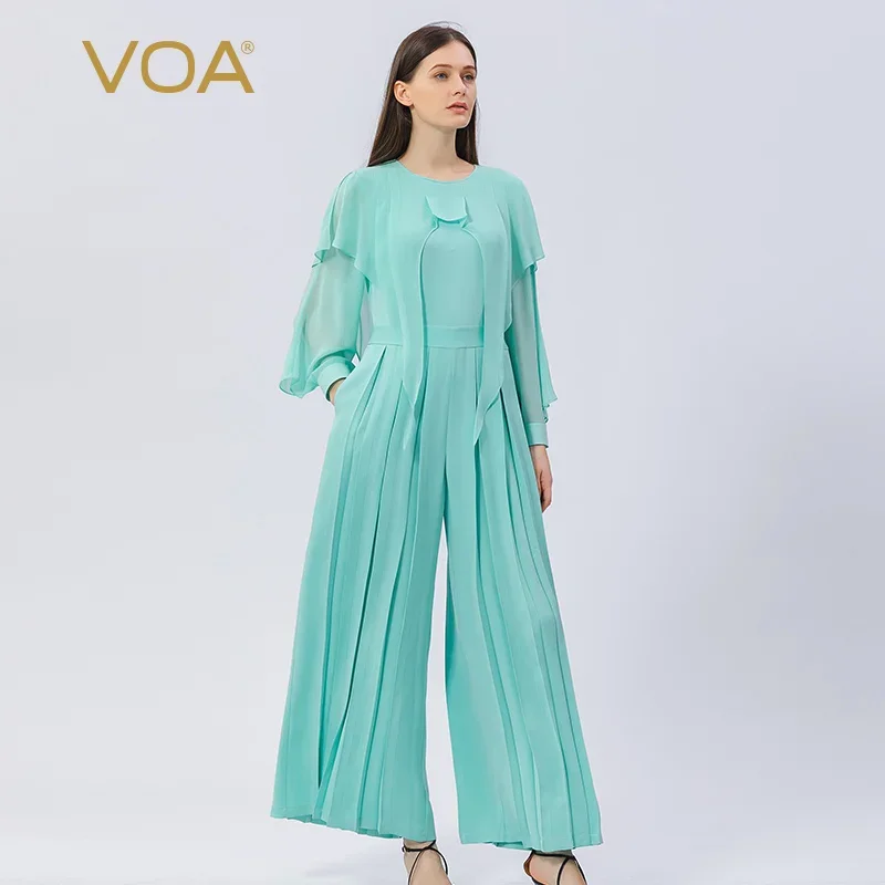 VOA 우아한 프릴 3 차원 장식 솔리드 루즈 점프 슈트 여성 streetwear o 넥 긴 소매 점프 슈트 가을 ke611