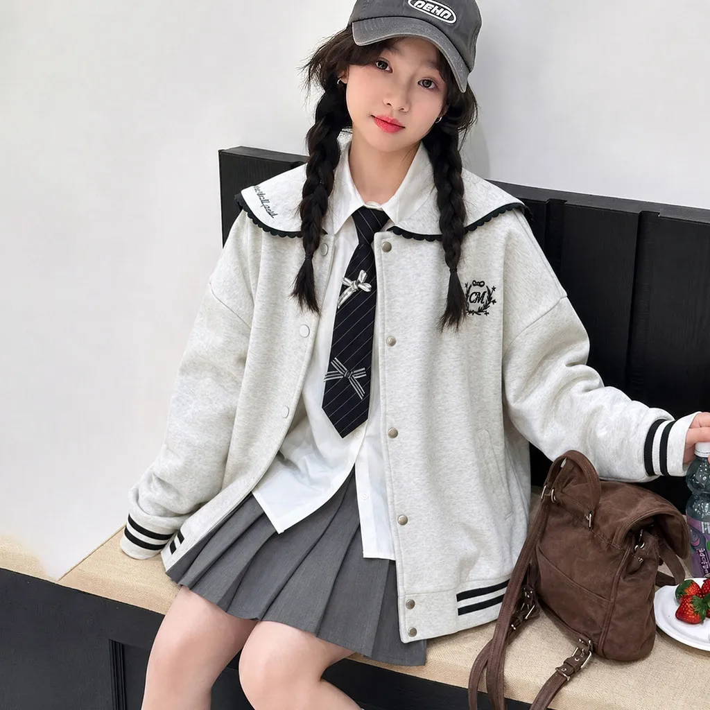 Girls Jacket Preppy Style Autumn Sailor Collar Lace Trim Letter Embroidery Children Coat 2026