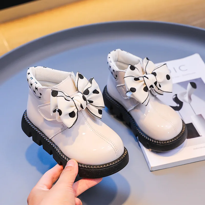 Girls Ankle Boots Black White Versatile Princess Polka Dot Bow Kids Fashion Casual Short Boots Hook Loop Children Glossy Shoes