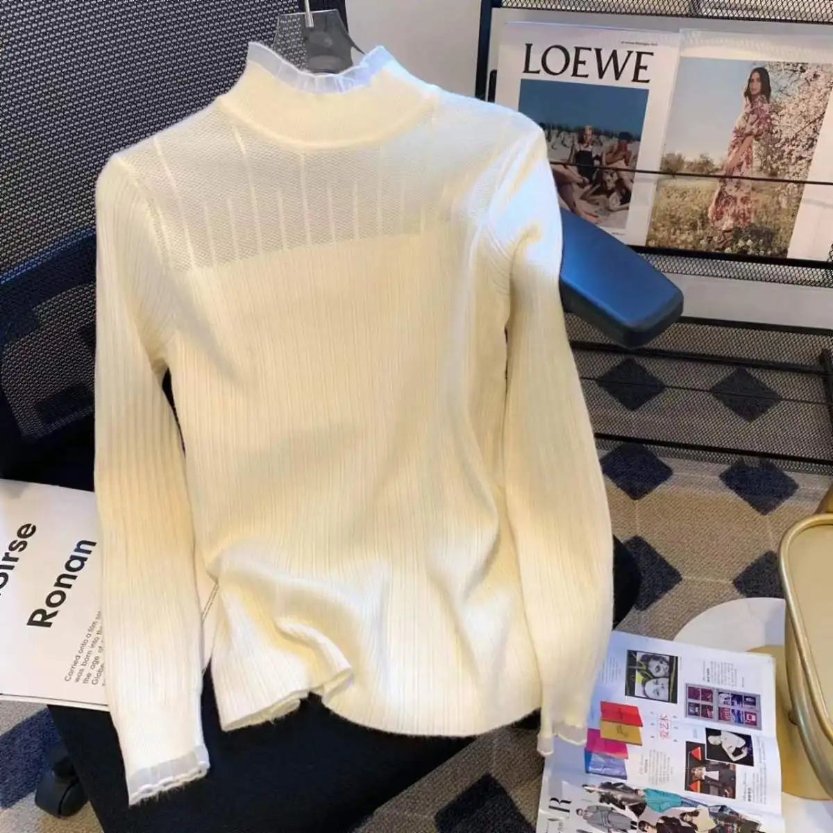 Women's Lace Half High Neck Knitted Bottom Shirt Winter Layering Sweater Korean Style Underlay Shirt White Sweater Pullovers