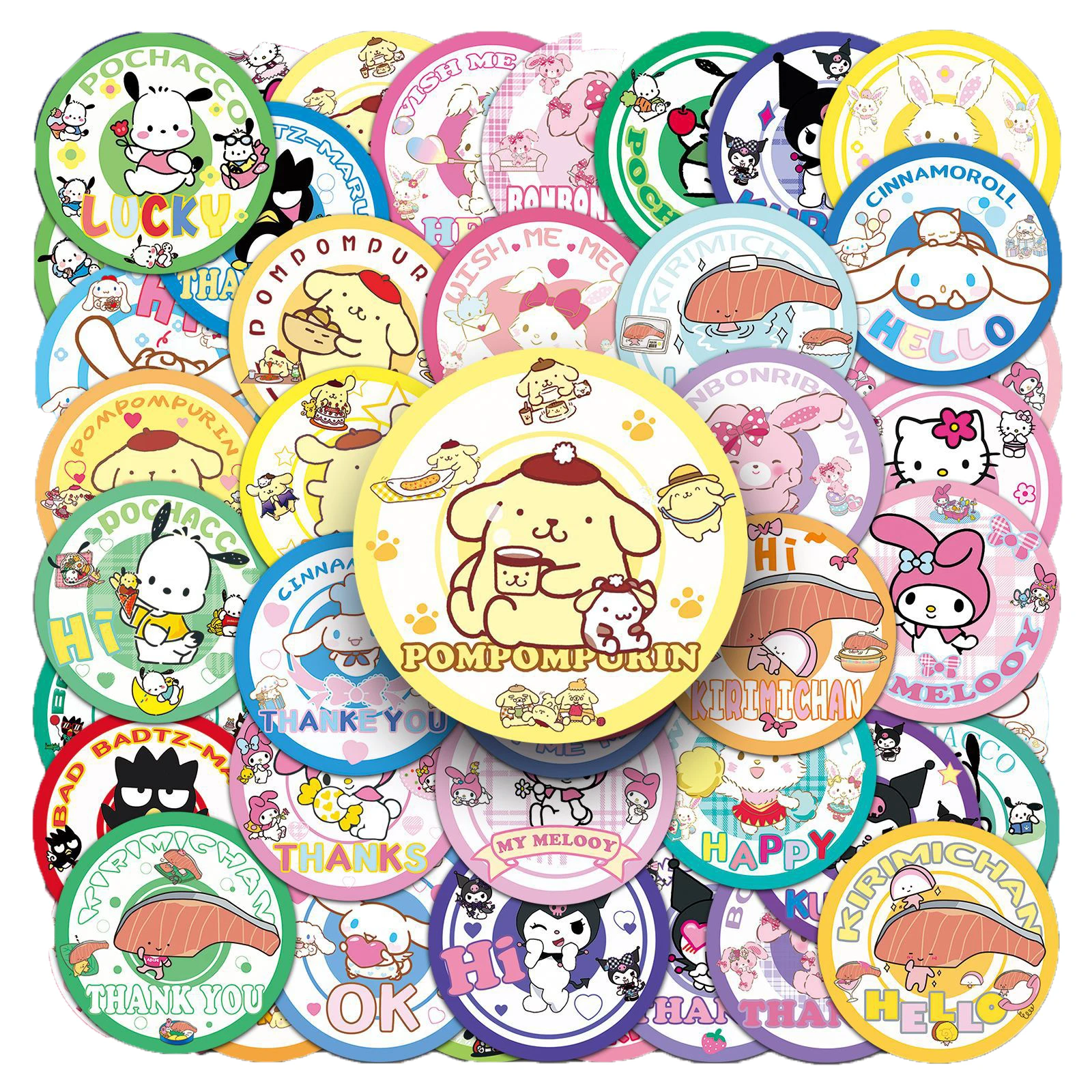 Sanrio Badge Cartoon Stickers, fofo, Kuromi, minha melodia, grafite, DIY, laptop, telefone, guitarra, bicicleta, skate, brinquedo impermeável, 10 pcs, 30 pcs, 50pcs