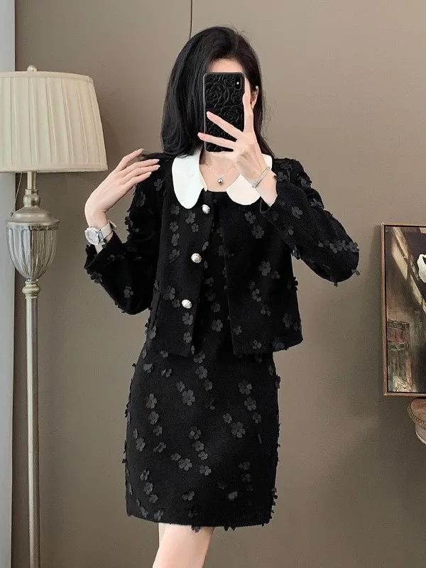 

Elegant Fashionable Black Open Cardigan Short Dress Two-Piece Set for Women High-End Style Autumn Collection Comfortable Fit