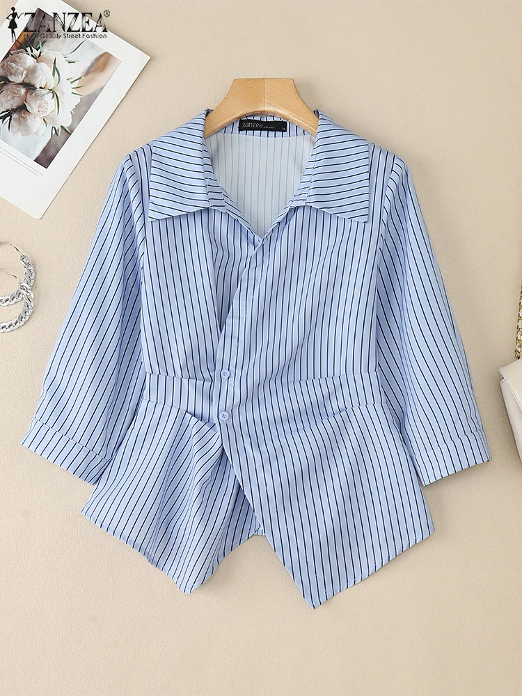 Women Tops ZANZEA Fashion Elegant Office Lady Shirts Striped Blouse 2025 Autumn 3/4 Sleeve Loose Tunic Casual Asymmetrical Blusa