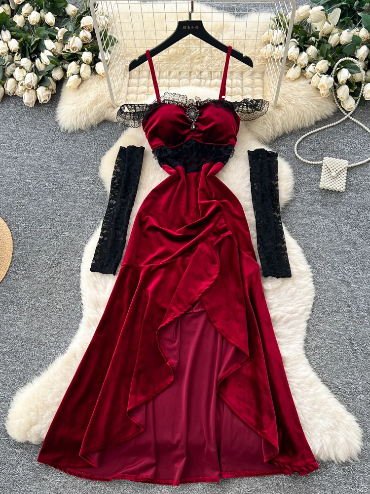 

Women Red Lace Patchwork A-line Evening Maxi Dress Vintage Luxury Birthday Party Dress Y2k One Piece Frocks Clothes Autumn 2025