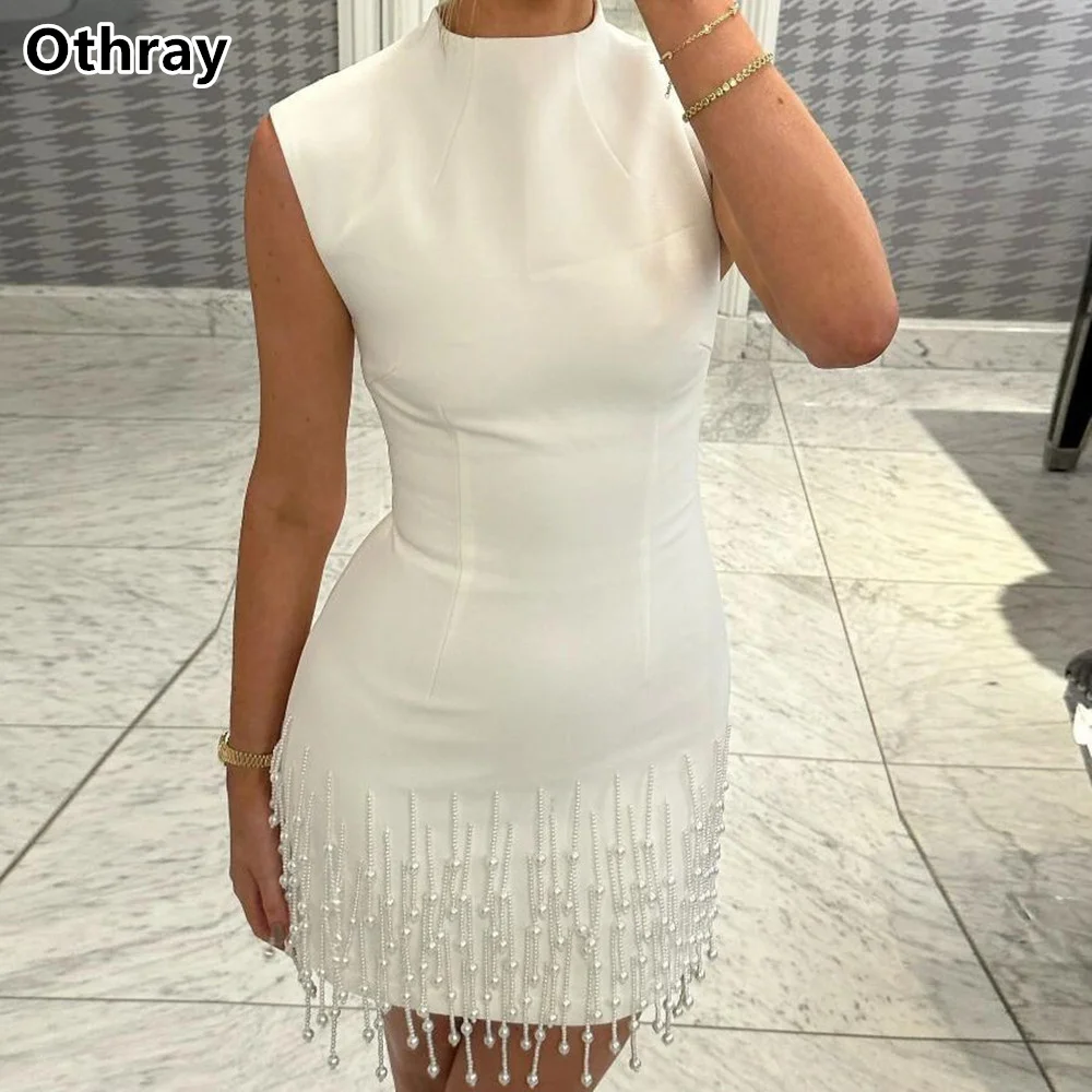 

Othray Pearls Lady Mini Prom Dresses Matte Satin Cocktail Dress High Neck Beading Tassel Above Knee Special Party Women Outfits