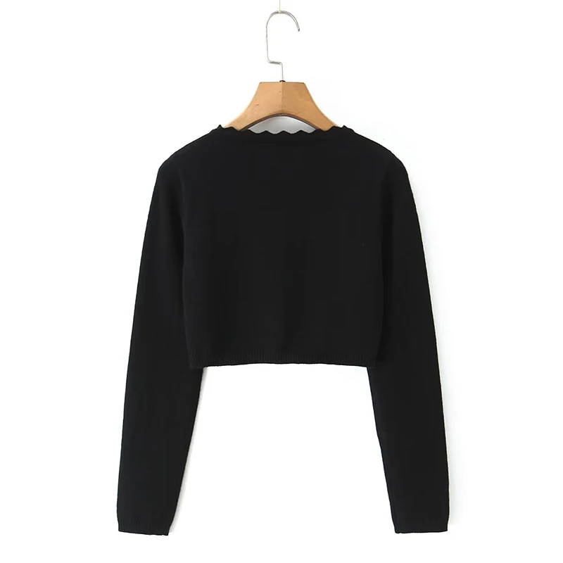 YENKYE 2025 Women Long Sleeve O Neck Wavy Edge Knitted Cardigan Casual Autumn Short Knitwear Tops